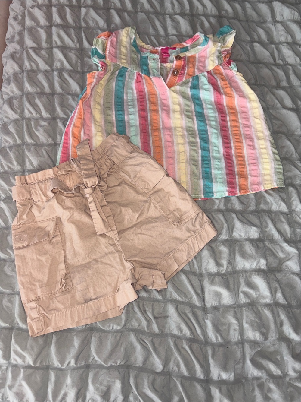Girls Rainbow Stripe Ruffle Sleeve Top with Tan Paperbag Shorts